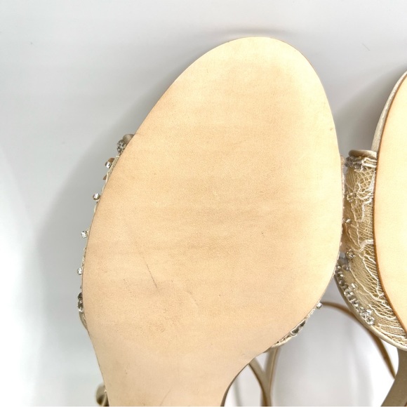 Badgley Mischka Taylin Pearl Nude Satin Jeweled Block Heel Dress Sandals Shoes - Picture 11 of 15